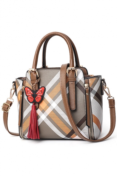 New Fashion Colorblock Striped Plaid Pattern Butterfly Tassel Embellishment Commuter Shoulder Handbag 24*13*21 CM