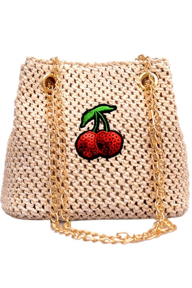 New Fashion Sequin Cherry Pattern Straw Crossbody Bucket Bag 16*8*15 CM