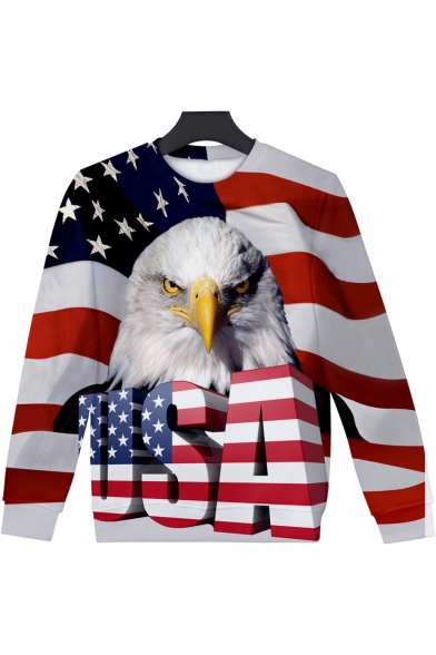 New Fashion USA Letter American Flag Eagle 3D Print Round Neck Long Sleeve Loose Fit Pullover Sweatshirt