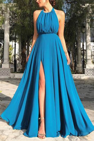 New Stylish Halter Neck Sleeveless Plain Backless Split Hem Floor Length Swing Blue Dress For Women