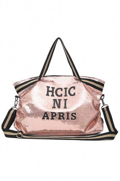 New Stylish Letter HCIC NI APRIS Pattern Striped Strap Large Sequined Tote Shoulder Bag 18*33*13 CM