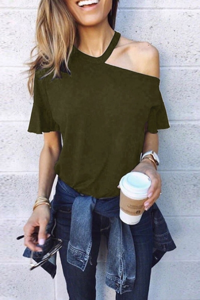 New Stylish Simple Solid Color Cold Shoulder Short Sleeve T-Shirt for Women