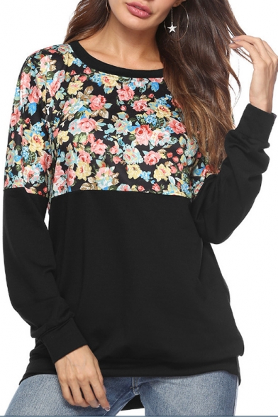 New Stylish Women's Floral Print Patchwork Round Neck Long Sleeve Sweatshirt