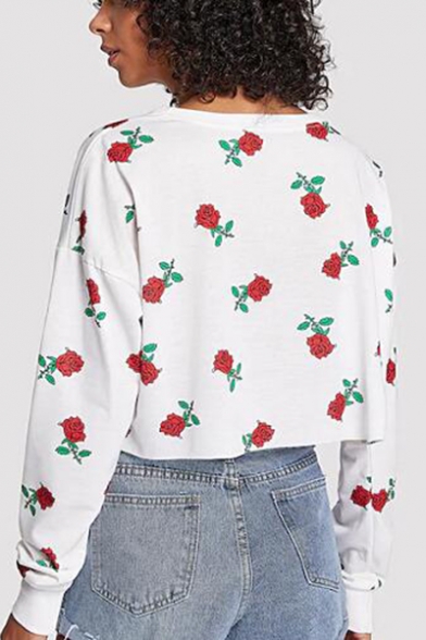 New Stylish Women's Rose Floral Print Round Neck Long Sleeve White Cropped T-Shirt