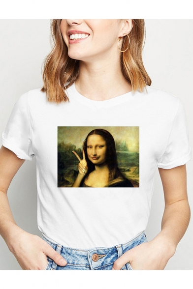 New Trendy Funny Mona Lisa Pattern Basic Short Sleeve White T-Shirt