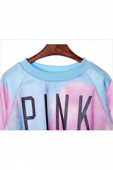 PINK Letter Tie Dye Round Neck Long Sleeve Cropped Pullover Sweatshirt
