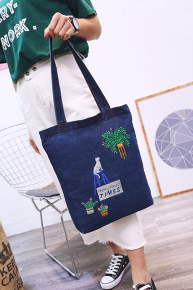Popular Cartoon Cat Plant Letter TIMES Embroidery Pattern Denim Canvas Shoulder Bag 33*37*6 CM