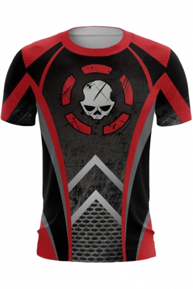 Popular Game Skull Printed Cosplay Costume Short Sleeve Round Neck Red T-Shirt