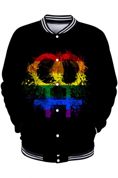 Pride Month Cool Colorful Painting Rib STand Collar Long Sleeve Button Down Baseball Jacket