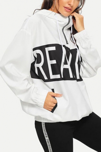 REALIST Letter Print Patchwork Zip Up Front Lapel Collar Long Sleeve Two Pockets White Loose Fit Pullover Sweatshirt