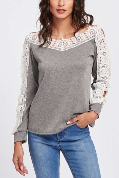 Solid Color Hollow Lace Patchwork Gray V Neck Long Sleeve Pullover Sweatshirt