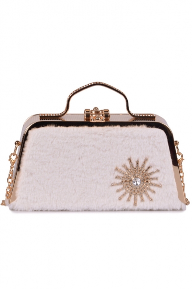Stylish Metal Rhinestone Embellishment Top Handle Plush Clutch Handbag 24*13 CM
