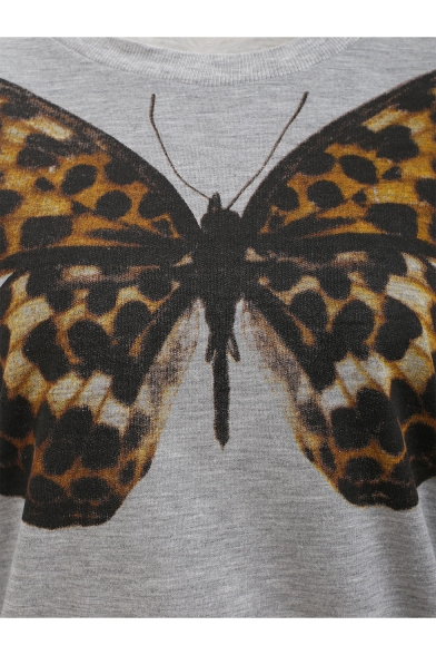 Stylish Women's Leopard Butterfly Print Round Neck Long Sleeve Gray Pullover Sweatshirt
