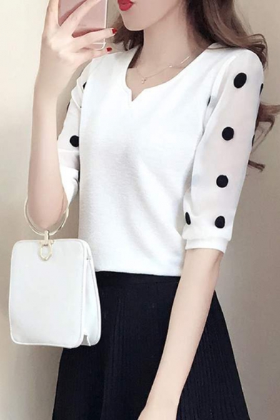 Summer Chic Polka Dot Printed V-Neck White Fitted Chiffon Top