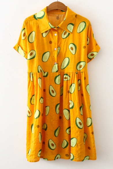 Summer Cute Allover Avocado Pattern Short Sleeve Button Front Mini Casual Shirt Dress for Girls