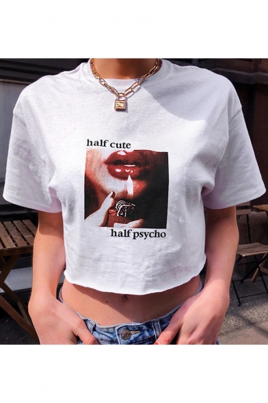 Summer Funny Cool Letter HALF CUTE HALF PSYCHO Pattern Short Sleeve Cropped White T-Shirt