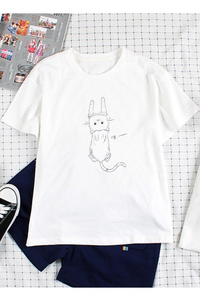 Summer Funny Cute Cartoon Cat Print Round Neck Short Sleeve Cotton T-Shirt