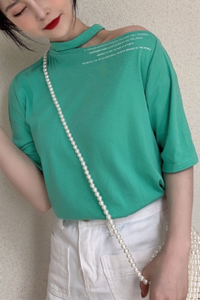 Summer Girls Simple Letter Printed Cold Shoulder Short Sleeve Casual Loose T-Shirt