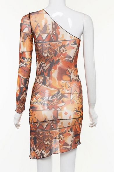 Summer New Stylish Fashion Printed One Shoulder Long Sleeve Mini Bodycon Asymmetrical Dress