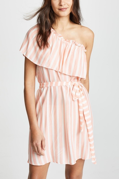 Summer Pink Striped Printed One Shoulder Tied Waist Mini A-Line Dress
