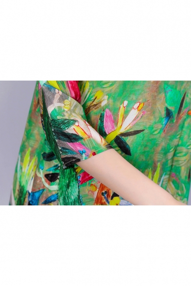 Summer Trendy Green Pattern Round Neck Three-Quarter Sleeve Midi Casual Silk Dress