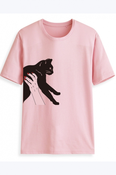 Summer Women Cute Cat Print T-shirt Short Sleeves Round Neck Girls Tee Shirt L