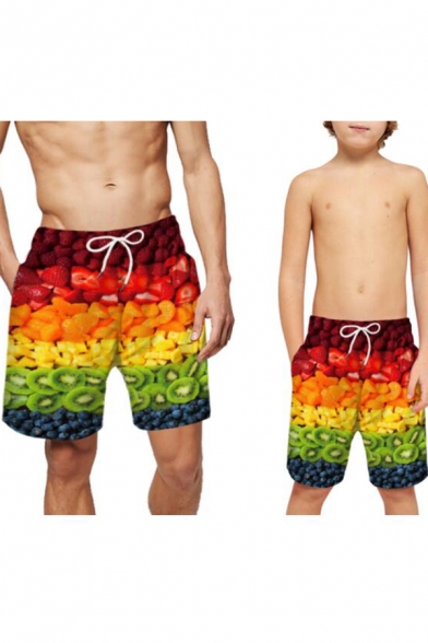 Summer Trendy Tropical Fruit Print Drawstring Waist Parent-Child Casual Beach Swim Trunks