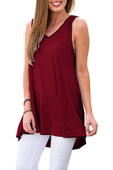 Summer Women's Simple Plain V-Neck Sleeveless Casual Loose High Low Tank Top