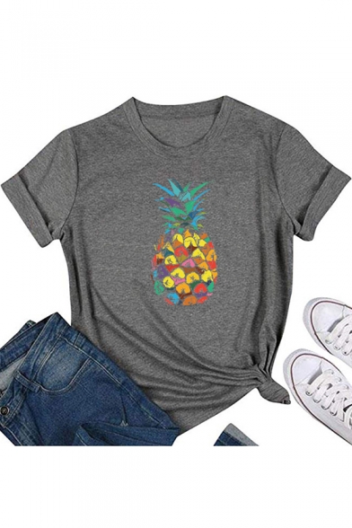 Trendy Chic Colorful Pineapple Painting Round Neck Short Sleeve Casual Tee