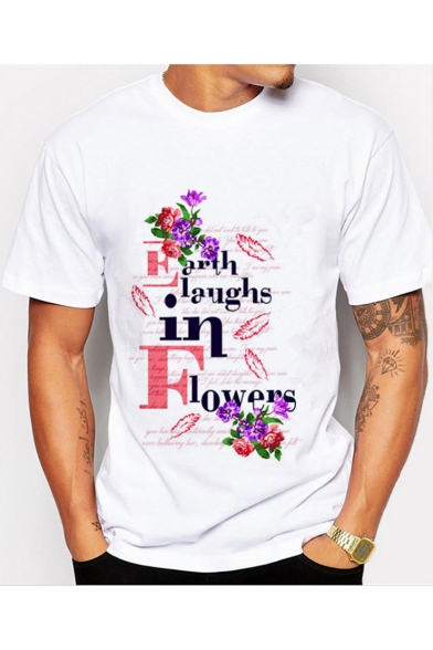 Trendy Floral Letter EARTH LAUGHS IN FLOWERS Pattern Short Sleeve White Tee