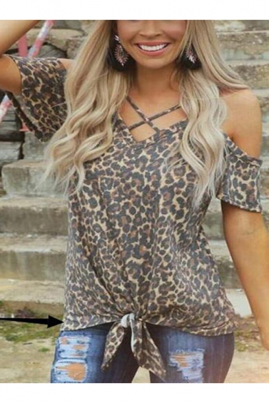 Trendy Leopard Printed Crisscross V-Neck Cold Shoulder Short Sleeve Tied Hem Loose T-Shirt