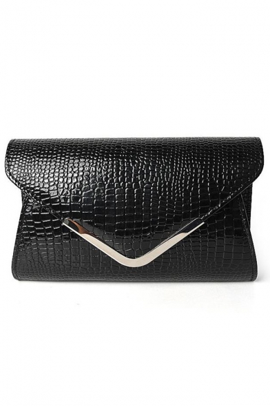 Trendy Solid Color Snakeskin Pattern Black PU Leather Evening Clutch Envelope Bag 22.4*5.3*13.2 CM