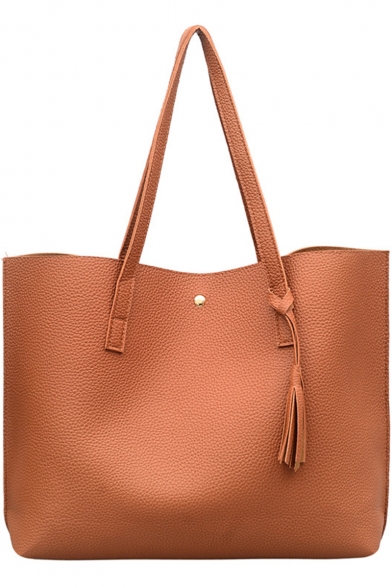 Trendy Solid Color Tassel Embellishment Large PU Shoulder Tote Bag 44*10*31 CM