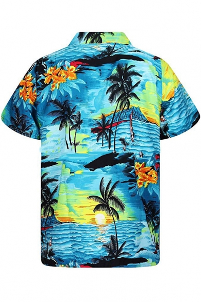 Trendy Summer Tropical Print Lapel Collar Short Sleeve Button Front Casual Beach Camp Shirt