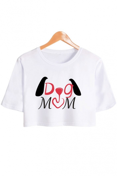 Unique Cute Letter DOG MOM Print Round Neck Short Sleeve Crop Tee