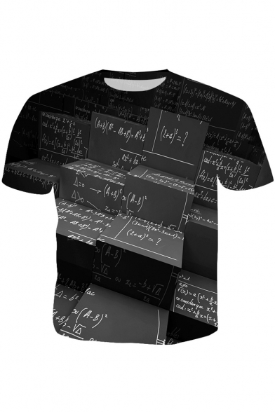 Unique Stylish Math Formula Printed Round Neck Short Sleeve Black Tee