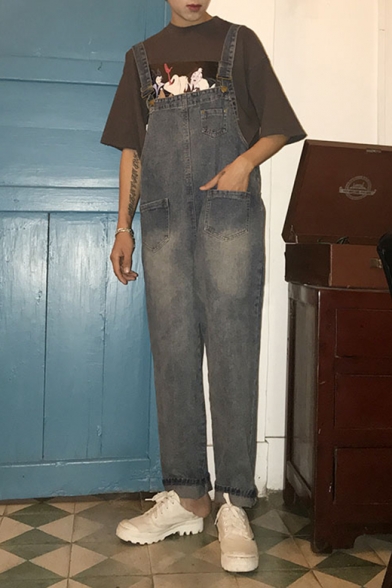 Vintage Washed Blue Fashion Rolled Cuff Straight-Fit Denim Overalls