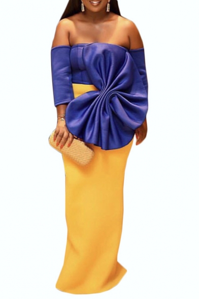 Women's Elegant Off The Shoulder Long Sleeve Colorblock Printed Bow Detail Floor Length Bodycon Dress