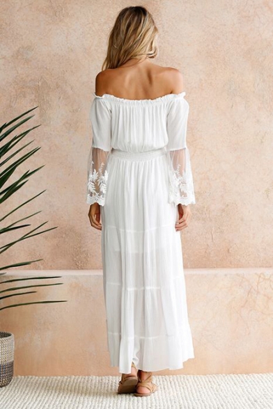 Women's Elegant Off The Shoulder Long Sleeve Plain Lace Patch Midi A-Line White Dress
