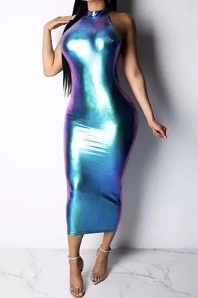 Women's Hot Fashion Halter Neck Sleeveless Laser Printed Maxi Bodycon Blue Dress