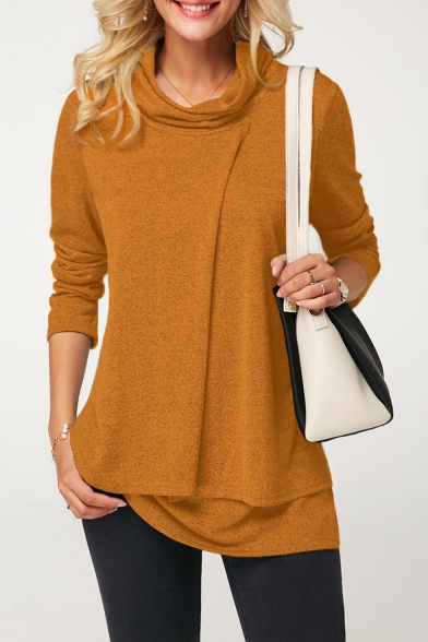 Women's Layered Cowl Neck Long Sleeve Fake Two Pieces Plain T Shirt