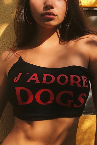 Women's New Trendy J'ADORE DOGS Letter Scoop Neck Sleeveless Crop Black Cami Top