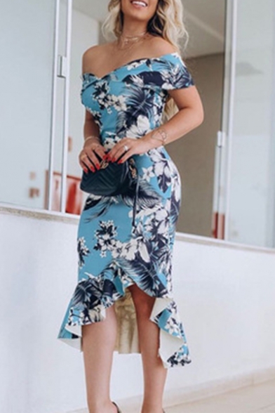 Women's Sexy Off Shoulder Floral Print Ruffle Midi Asymmetric Dress