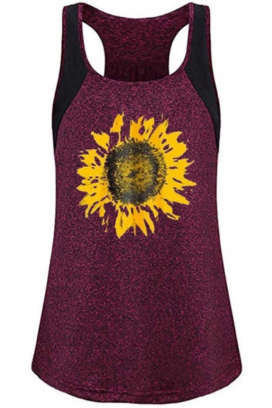 Women's Summer Stylish Lovely Sunflower Printed Round Neck Colorblock Sleeveless Casual Tank