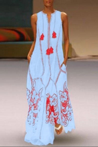 Women's Summer Vintage V-Neck Sleeveless Floral Printed Maxi Swing Tank Dress