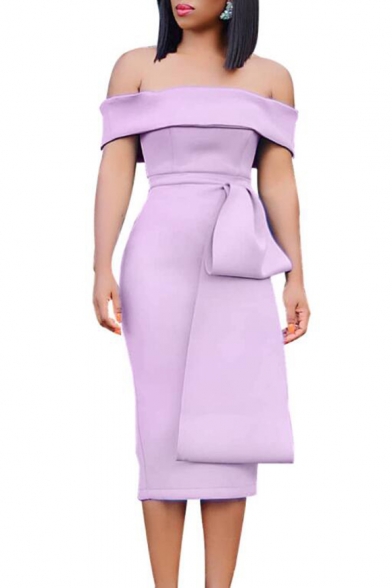 Women Sexy Off the Shoulder Simple Solid Color Peplum Midi Sheath Dress