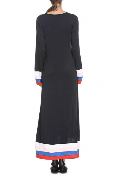Womens New Fashion Dark Blue Colorblock Hem Round Neck Long Sleeve Maxi Swing Dress