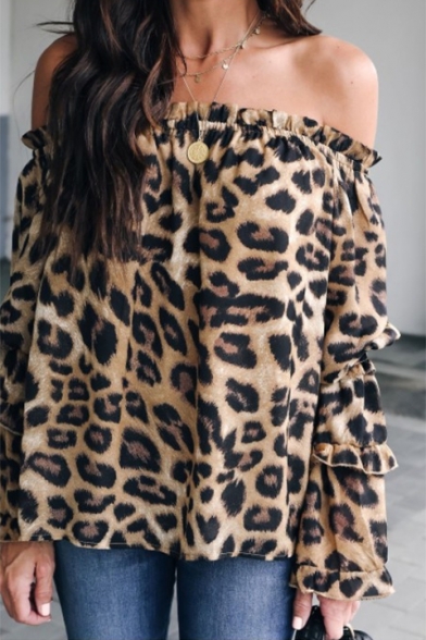 Womens Stylish Ruffled Off the Shoulder Long Sleeve Leopard Print Khaki Chiffon Blouse Top