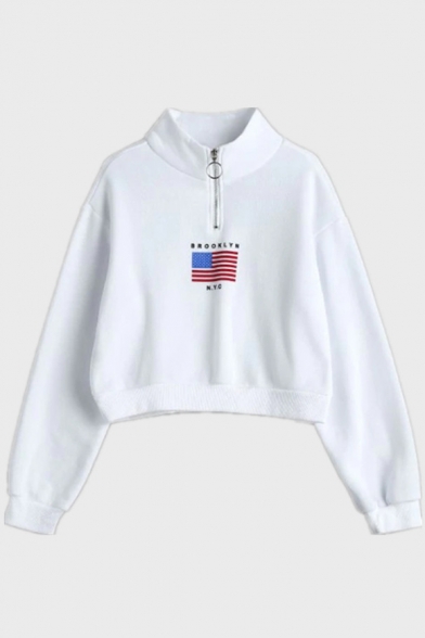 BROOKLYN NYC Letter Star Stripe Flag Printed Zipper Stand Collar Long Sleeve White Sweatshirt