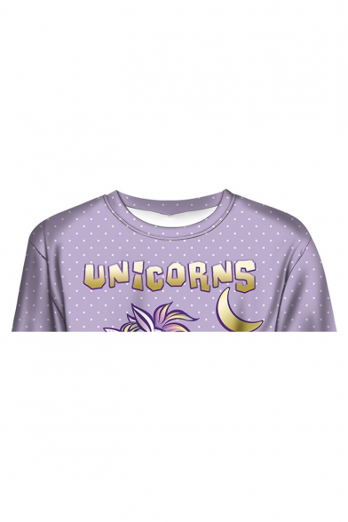 Cartoon Unicorns Moon Printed Basic Round Neck Long Sleeve Purple Sweatshirt